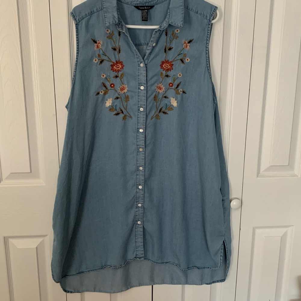 Terre Bleue Embroidered Denim Sleeveless Dress XXL